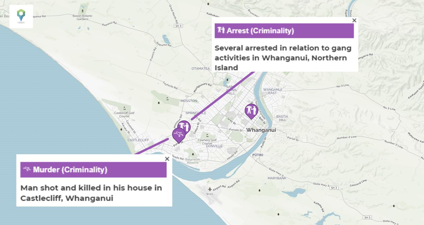A map depicting the incidents of criminality in Whanganui, New Zealand